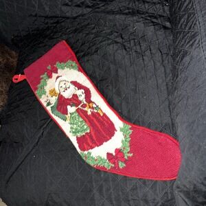 Vintage 22" Wool Needlepoint Christmas Stocking-Old World Santa  MINT CONDITION!